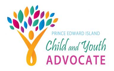 Logo for the Office of the Child and Youth Advocate, a stylized figure of a person as the trunk of a tree with leaves of many colours.